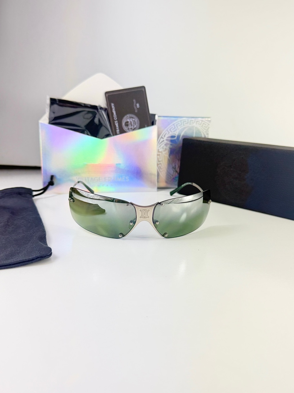 Vtg Celine SC1033 Triomphe Shield Wrap Sunglasses Silver Green mirrored VFC Set